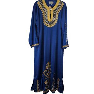 Elegant Royal Blue & Gold Embroidered Kaftan Dress 3XL Chiffon